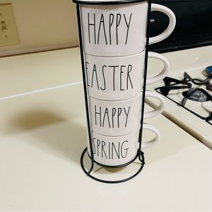 Rae Dunn Set Of 4 White Easter Coffee Mugs And Holder NWOT
